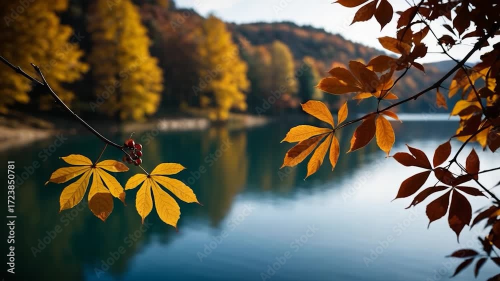 A tree branch hangs over a serene lake with yellow leaves, perfect for a calm atmosphere or nature scene