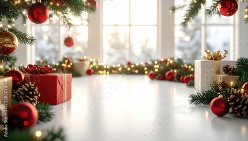 Festive Office Desk Decorated with Christmas Pine Branches and Ornaments