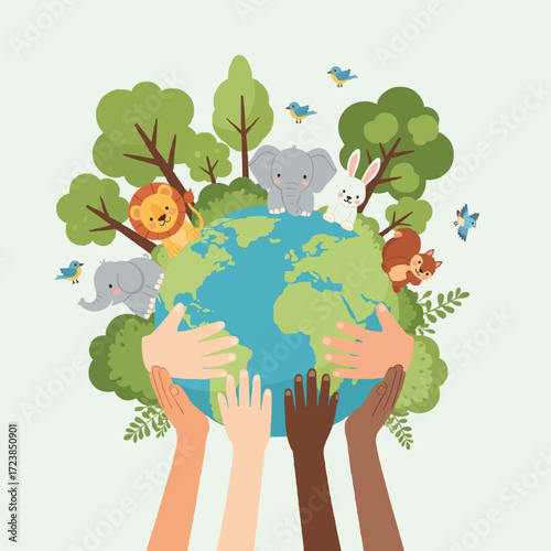 Multicultural hands supporting planet Earth with diverse wildlife, symbolizing global unity, peace, and conservation