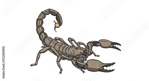 This detailed pixel art depicts a brown scorpion with its segmented tail raised in defense.
