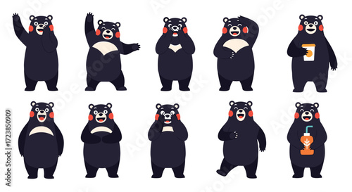 A collection of adorable black bears in various playful poses and holding drinks.