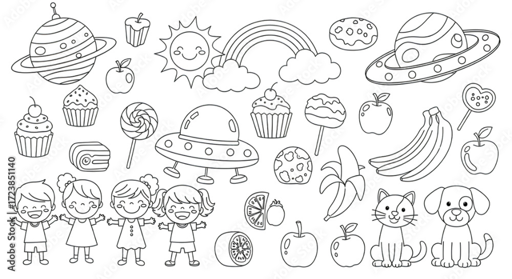 Obraz premium Whimsical collection of cartoon elements including children, pets, space objects, and sweet treats for creative projects