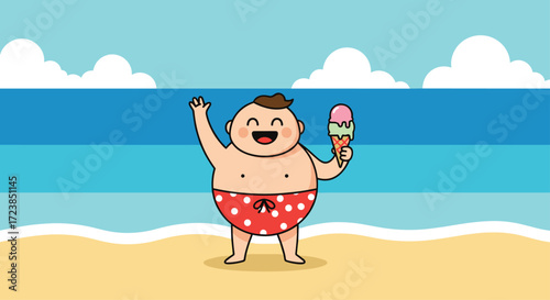 A happy baby in a swimsuit eating ice cream on a sunny beach.
