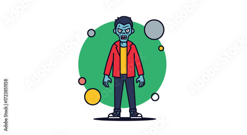 A scary zombie with blue skin wearing a red jacket and dark pants stands in front of a green circle.