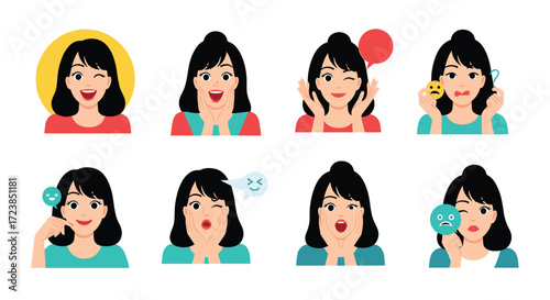 Collection of eight diverse female facial expressions showing a range of emotions.