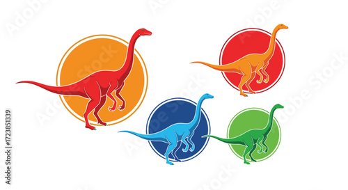 Set of colorful cartoon dinosaurs in circles. Educational illustrations for children.