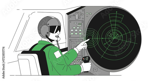 Aviation pilot analyzing radar data inside the cockpit, monitoring the airspace for potential