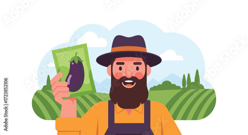 Farmer holds up a packet of eggplant seeds in a lush green field.
