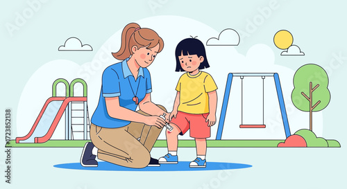 Caring for a child's scraped knee at the playground first aid application illustration