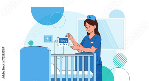 Caring nurse monitors patient vital signs in hospital nursery with modern medical equipment and