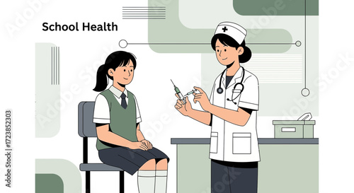 Cartoon illustration depicting school health services, nurse preparing vaccination for child