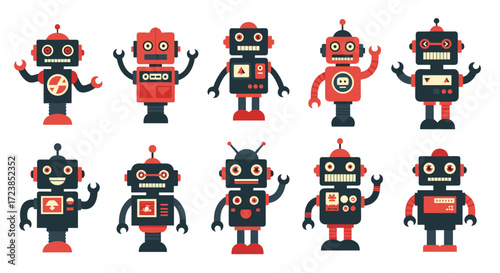 A collection of colorful vintage robots with mechanical details and expressive faces.