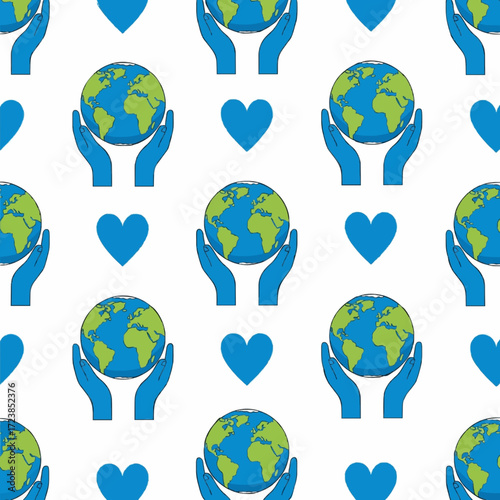 Seamless pattern of hands holding the Earth with blue hearts, symbolizing global environmental protection, ecological awareness, and a unified commitment to planet's future