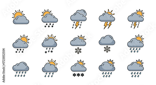 A collection of weather icons showing different atmospheric conditions with sun and clouds.
