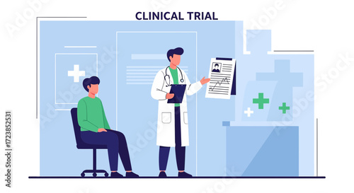 Clinical trial consultation with doctor explaining test results to patient in hospital environment