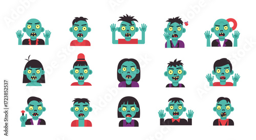 A collection of funny cartoon zombie faces showing different emotions and actions.