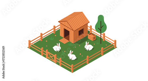 A cozy wooden hutch shelters three fluffy rabbits in a fenced pasture.