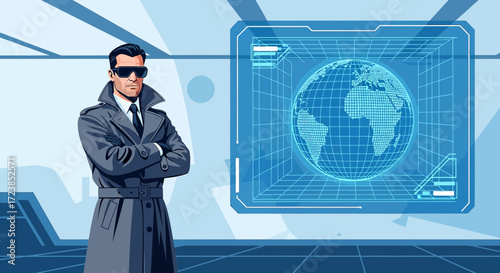 Cartoon spy overseeing the world from a futuristic base in control of global network