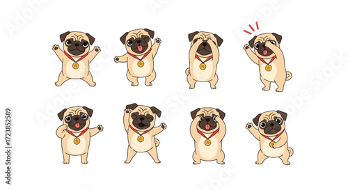 A collection of adorable pug puppies expressing various emotions and poses.