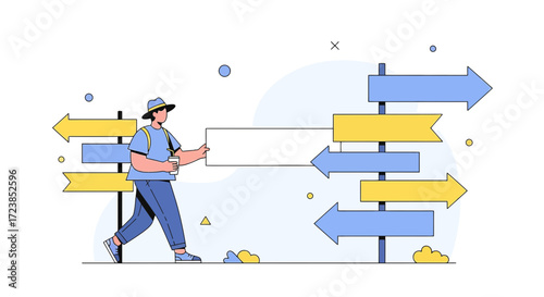Concept of choices and decisions with a man holding a blank sign near direction signs