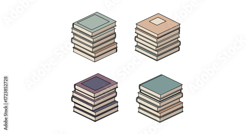 A collection of four stacks of isometric books in pastel colors.