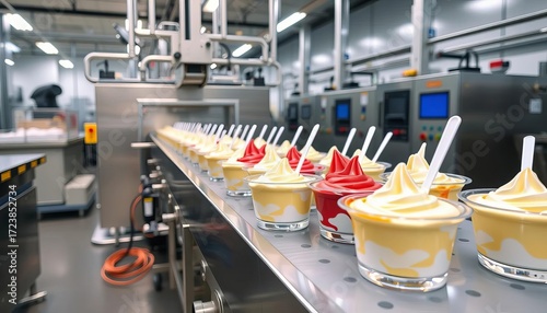 Automated yogurt production line in modern facility,  food,  processing