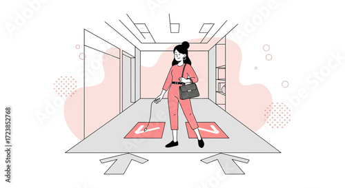 Conceptual illustration of woman following arrow directions in a building's interior space