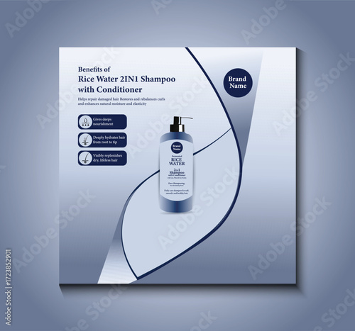 Minimalist social media post design showcasing rice water hair growth shampoo, clean layout, natural elements, and modern beauty care promotion template.