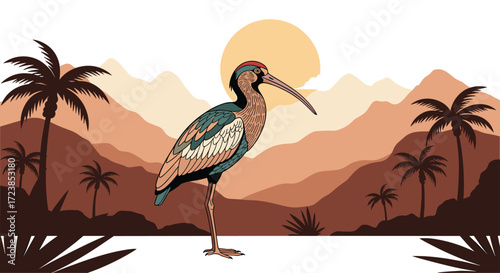 A majestic wading bird stands in shallow water with palm trees and mountains in the background.