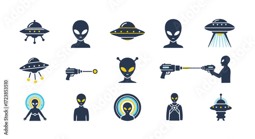 Collection of pixel art aliens and flying saucers for sci fi graphic design.