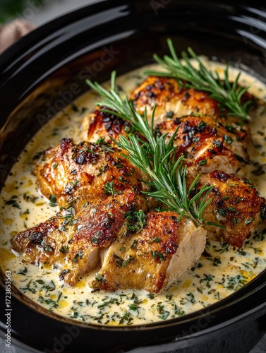 Juicy roasted chicken breasts in creamy herb garlic sauce
