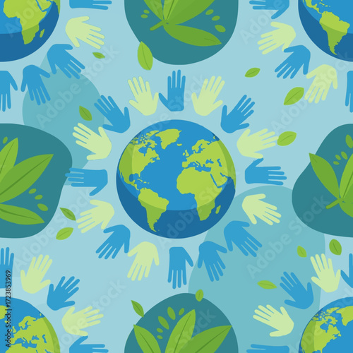 Seamless pattern of hands encircling Earth and green leaves, symbolizing global environmental protection, unity, and collective commitment to a sustainable planet