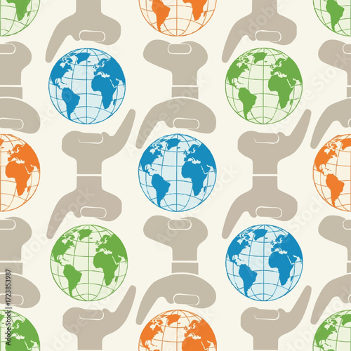 Vibrant seamless pattern featuring chef hats supporting colorful world globes, representing the universal appeal of gastronomy and the rich diversity of global flavors and culinary traditions