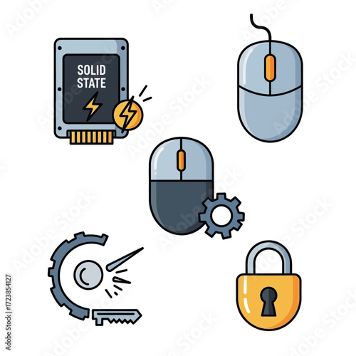 A collection of computer hardware icons including a solid state drive, two computer mice, a hard drive with a key, and a padlock.