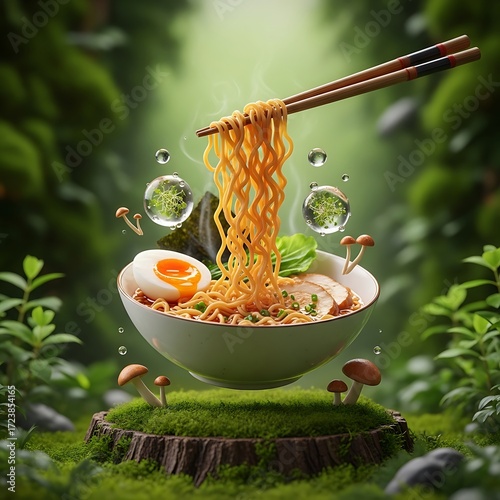 Steaming ramen with chopsticks in a serene forest setting with mossy background