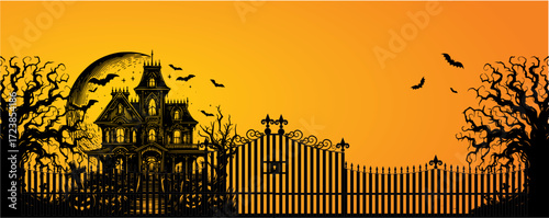 halloween card with Spooky house under full moon with bats
