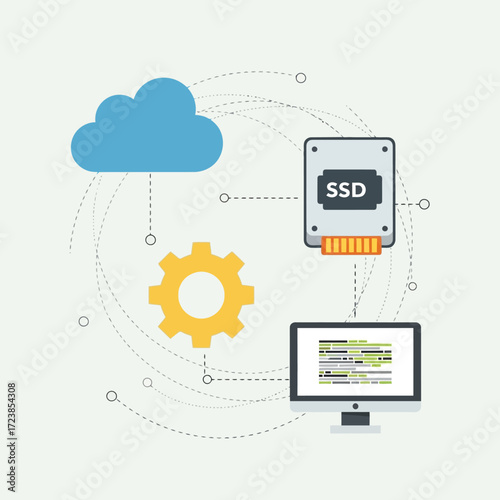 Diagram illustrating cloud storage connection to a computer's SSD drive, with a processing element.