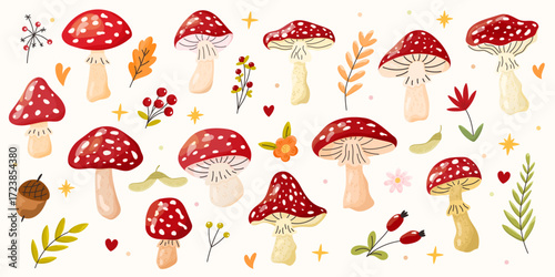 Vector illustration set of fly agaric mushrooms. Hand-drawn amanita design with red caps and white dots, suitable for stickers, clipart, packaging, and decorative projects