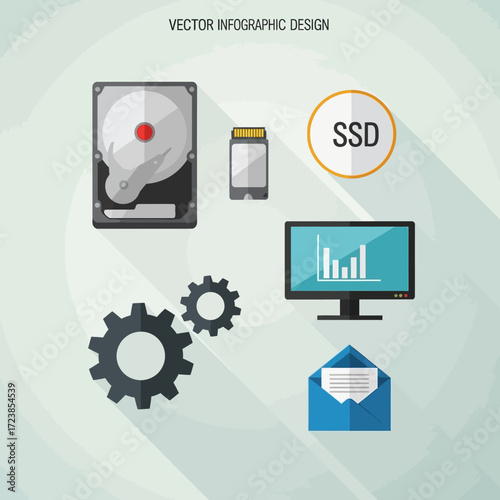 A collection of vector icons representing computer hardware, data storage, and communication, including a hard drive, SSD, USB drive, monitor, gears, and an envelope.