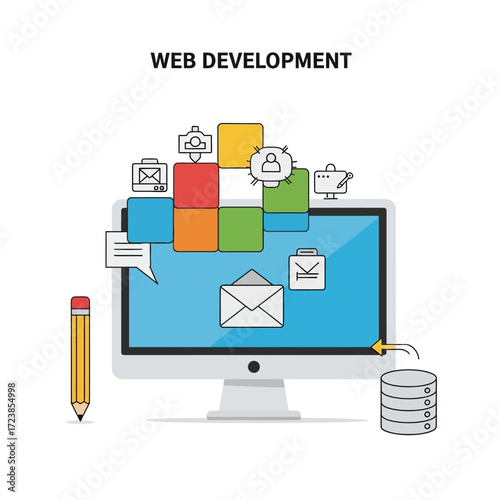 Illustration of web development process, showing computer screen with various icons representing different aspects of web development, including design, programming, database, and communication.