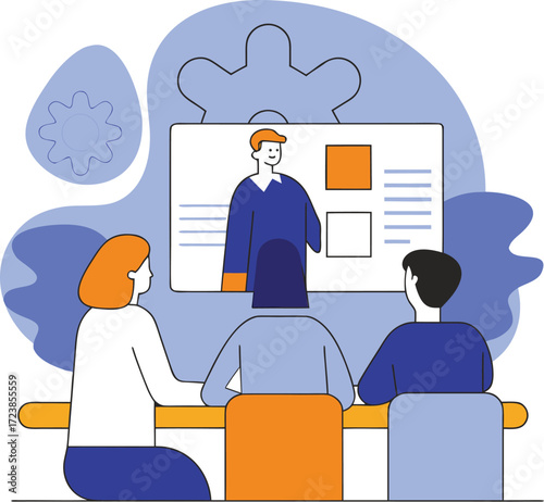 Team leader guiding colleagues with digital tablet. illustration vector art.