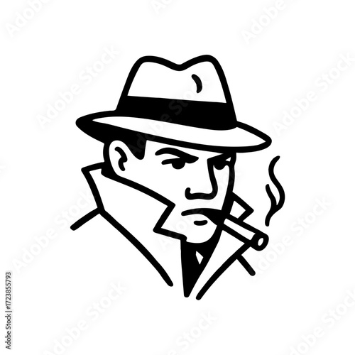Detective man with hat and cigar line art illustration, noir style character, black outline graphic design isolated on light background