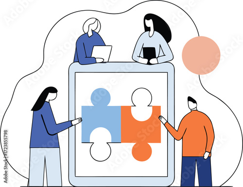 Four business team joining puzzle pieces together.