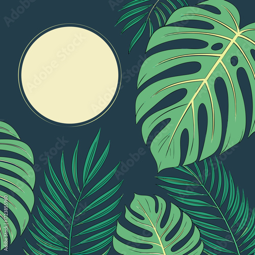 Seamless vintage vector illustration of a palm tree and leaf pattern on a green abstract background