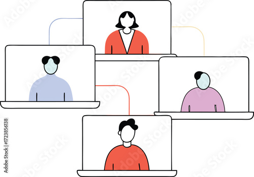 Virtual business meeting on laptop screens, team members in separate frames.