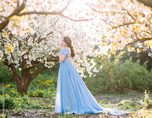 Woman in blue dress under blossoming trees