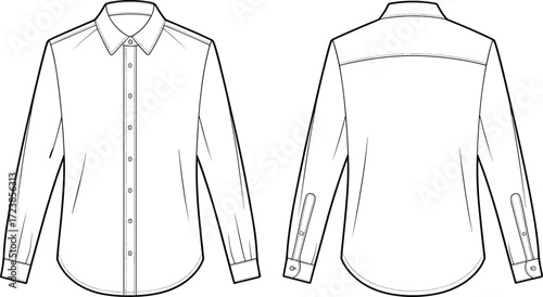 Classic long sleeve button down shirt fashion flat sketch, front and back technical drawing, formal collar blouse template design illustration