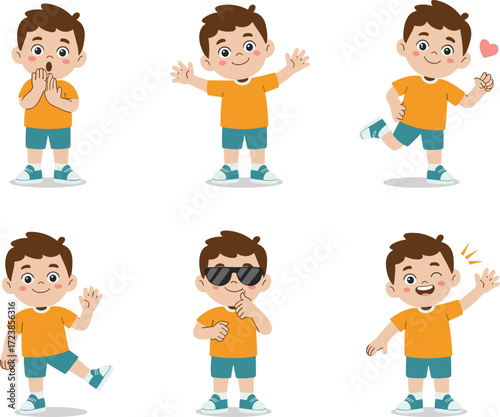 Cartoon boy character set showing different emotions, cute child in orange shirt, happy kid poses, facial expressions, playful gestures