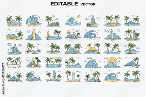 Collection of hand drawn tropical island scenes and beach elements