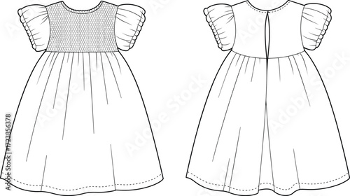 Cute baby girl dress flat sketch, puff sleeve smocked bodice, front and back fashion technical drawing, children clothing design template